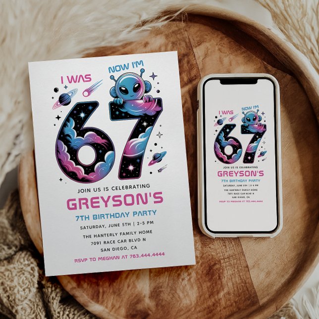 Invitation Joyeux 7e anniversaire dans l'espace | Six et sept (Cute Space 7th Birthday | Six & Seven Year Old Invitation
)