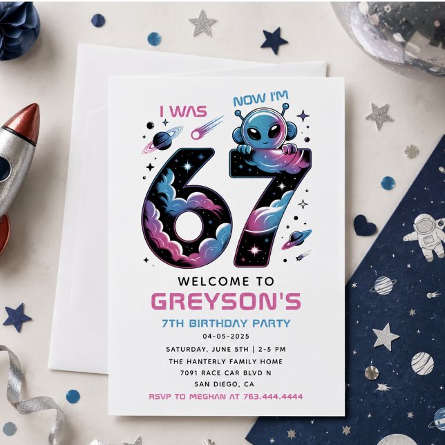 Invitation Joyeux 7e anniversaire dans l'espace | Six et sept (Cute Space 7th Birthday | Six & Seven Year Old Invitation)