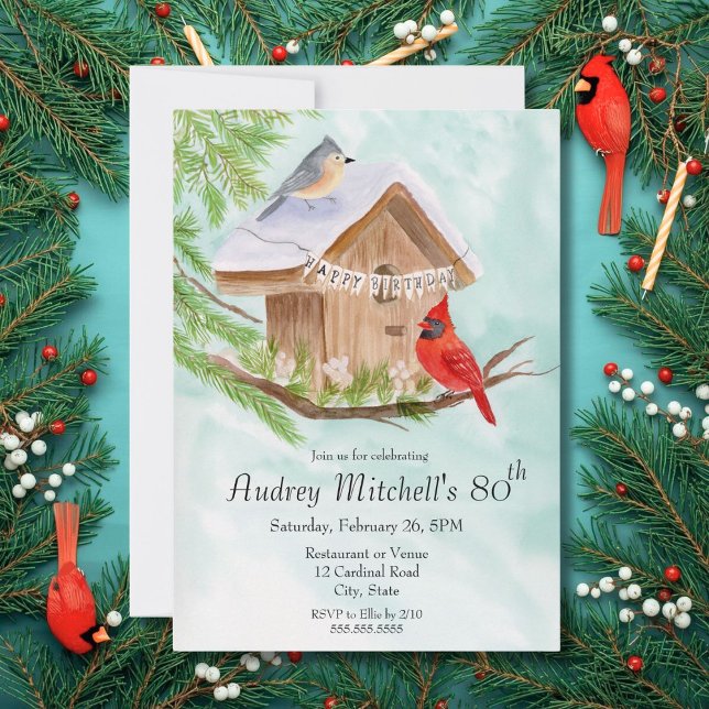 Invitation Joyeux 80e anniversaire oiseaux à la maison pour o (Créateur téléchargé)