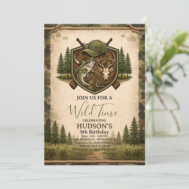 Invitation Joyeux 9e anniversaire Wild One chasse et pêche (Debout devant)