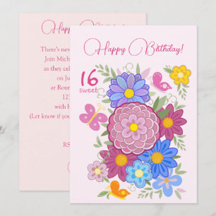 Invitation Joyeux anniversaire ! 16 Fleurs douces et oiseaux