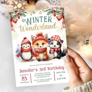 Invitation Joyeux Anniversaire 3 ans Animaux de Neige Mignon