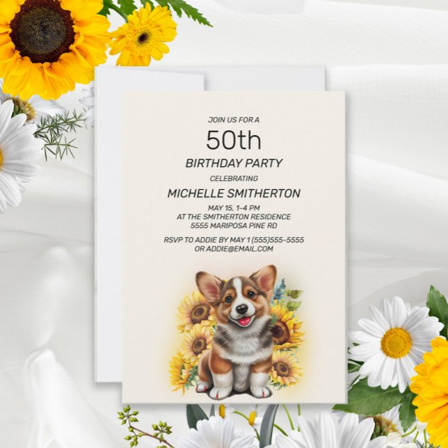 Invitation Joyeux Anniversaire 50 ans Corgi Mignon Fleur de T (Créateur téléchargé)