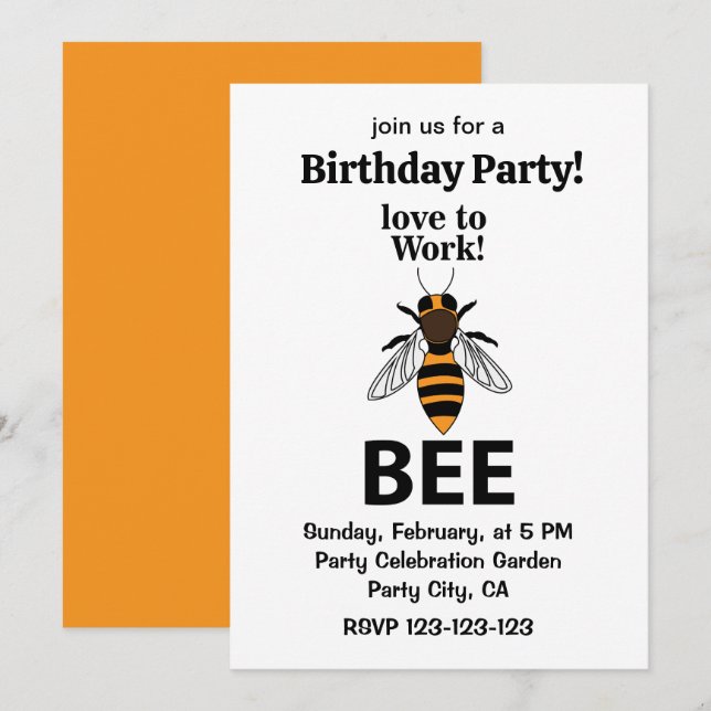 Invitation Joyeux Anniversaire Abeille aime travailler (Devant / Derrière)
