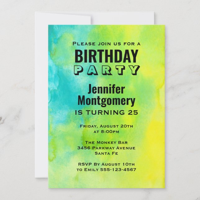 Invitation Joyeux Anniversaire Abstrait Aquarelle Jaune et Bl (Devant)