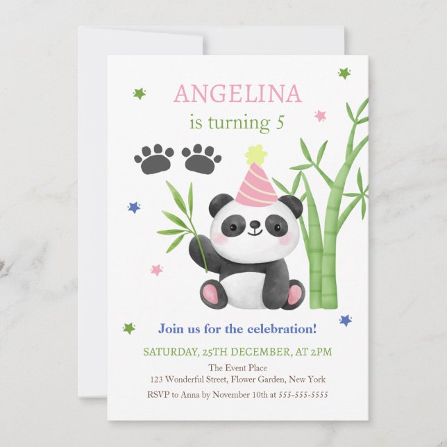 Invitation Joyeux anniversaire au bambou de Panda ours mignon (Devant)