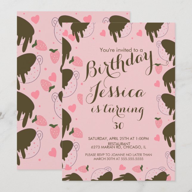 Invitation Joyeux Anniversaire au Chocolat Fraise Mignonne qu (Devant / Derrière)
