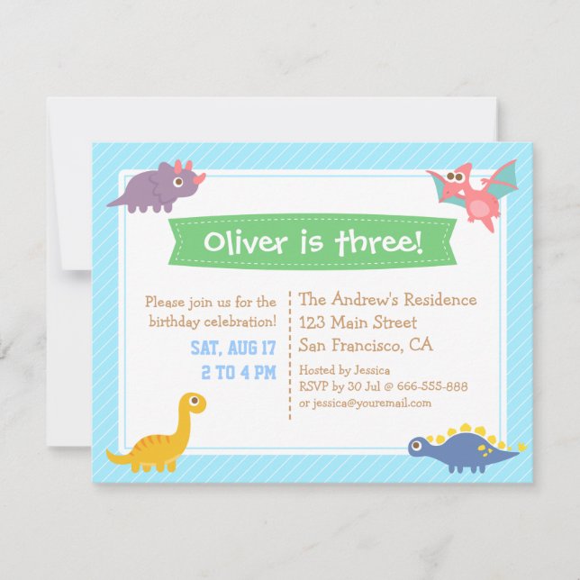 Invitation Joyeux Anniversaire au Thème de Dinosaures Mignons (Devant)