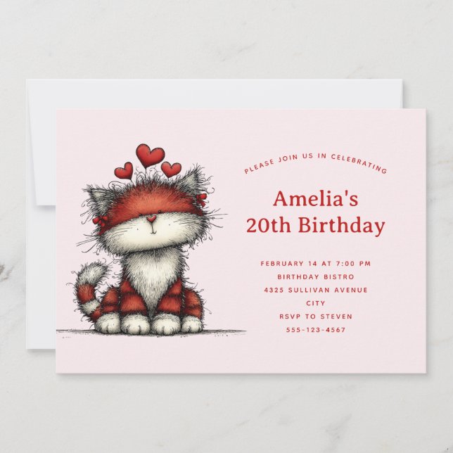 Invitation Joyeux Anniversaire avec Chat Mignon et Cœurs Roug (Devant)