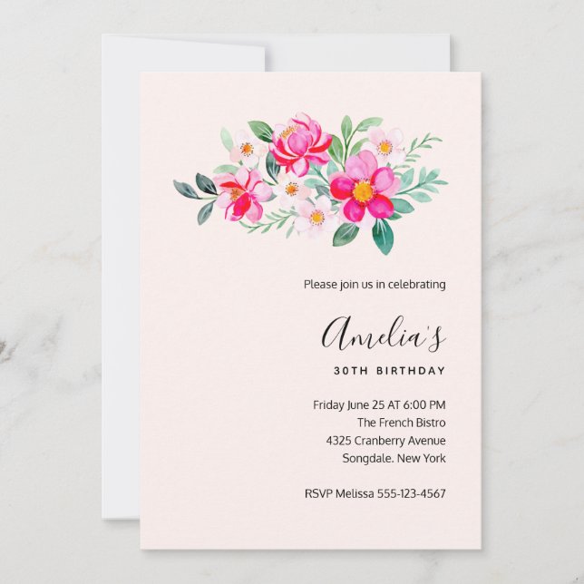 Invitation Joyeux anniversaire avec un bouquet de fleurs rose (Devant)