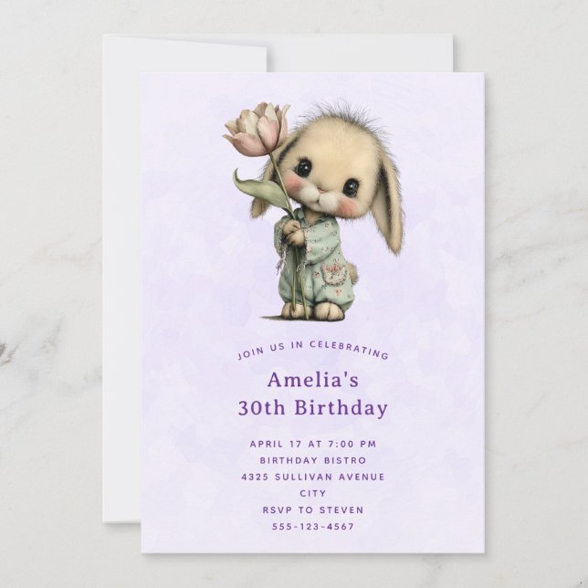 Invitation Joyeux Anniversaire avec un Lapin Mignon Tenant un (Devant)