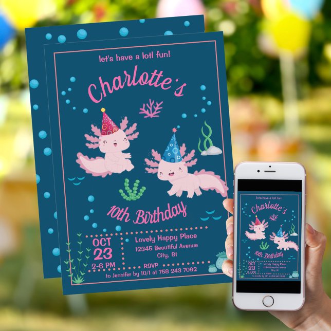 Invitation Joyeux Anniversaire Axolotl Rose Sous l'Océan (Créateur téléchargé)
