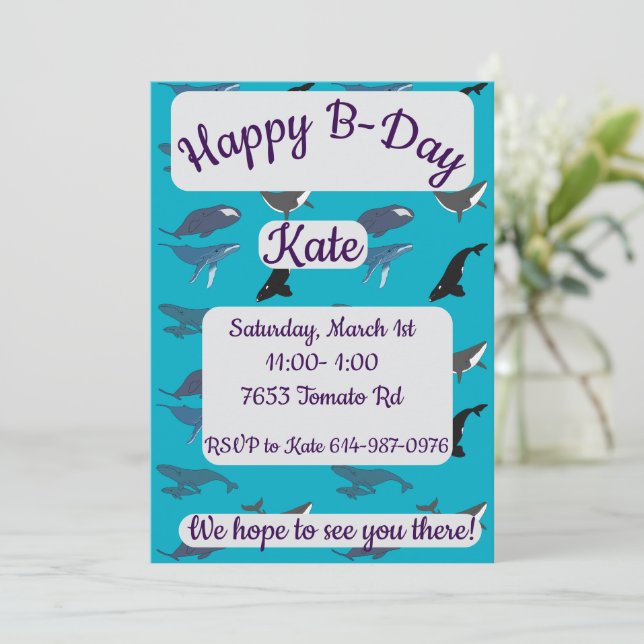 Invitation Joyeux anniversaire baleine (Debout devant)