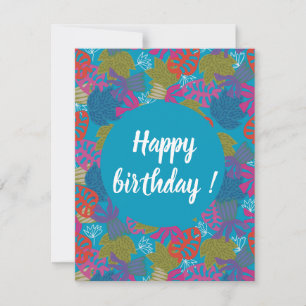 Invitation Joyeux anniversaire bleu fleurs tropicales