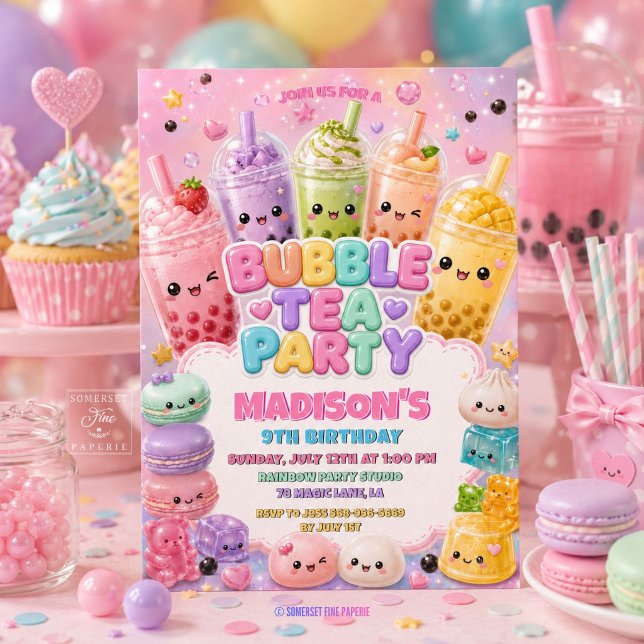 Invitation Joyeux Anniversaire Bubble Tea Arc-en-Ciel Mignon  (Cute Rainbow Sparkles Glitter Bubble Tea Squishies Girly Birthday Party Invitation Card)