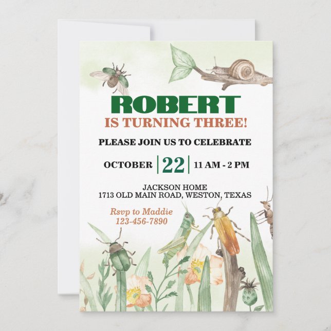 Invitation Joyeux Anniversaire Bugs et Escargot Mignons (Devant)