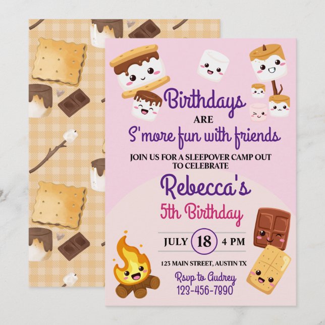 Invitation Joyeux anniversaire camping avec des S'mores migno (Devant / Derrière)