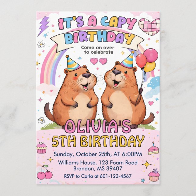 Invitation Joyeux Anniversaire Capy Rose Mignon - Anniversair (Devant)