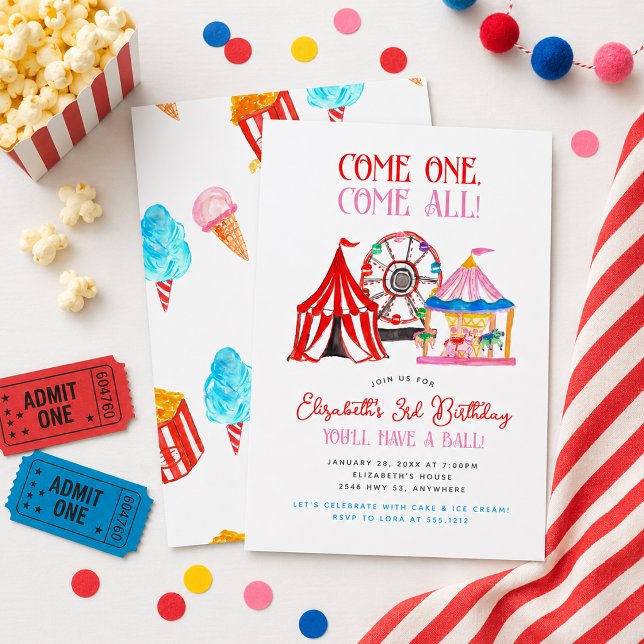 Invitation Joyeux Anniversaire Carnaval Cirque Dessiné à la M (Cute Hand Drawn Carnival Circus Birthday Invitation
)