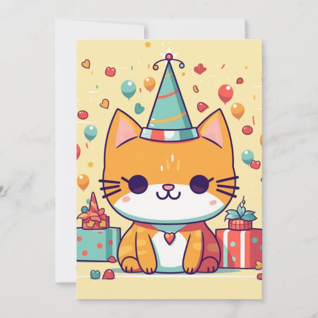 Invitation Joyeux anniversaire chat de fête mignon,  (Devant)