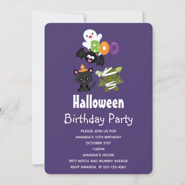 Invitation Joyeux anniversaire chat d'Halloween, chauve-souri (Devant)