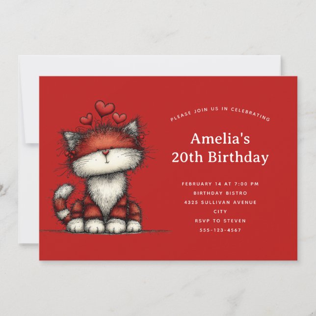 Invitation Joyeux Anniversaire Chat Mignon avec des Cœurs d'A (Devant)