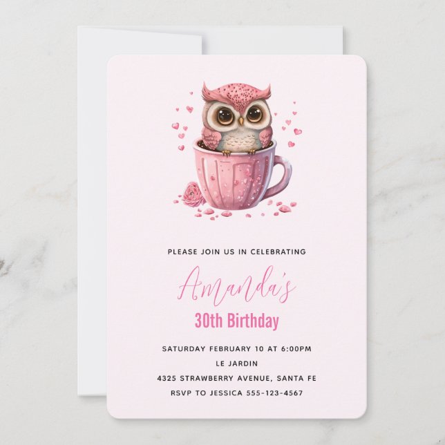 Invitation Joyeux Anniversaire Chouette Rose dans une Tasse (Devant)