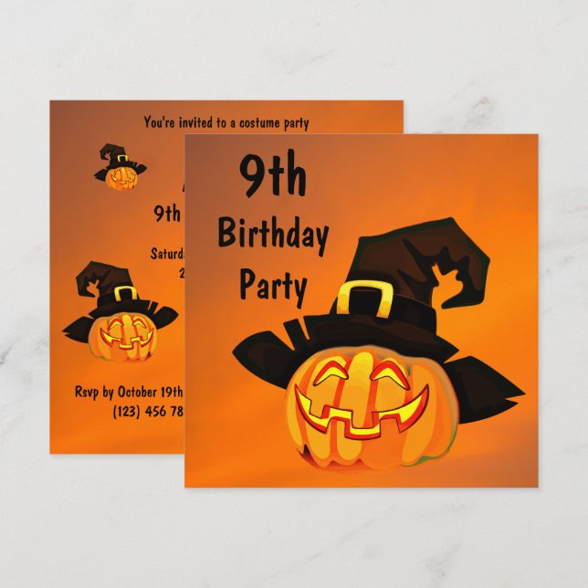 Invitation Joyeux Anniversaire Citrouille Dans Le Chapeau De  (Devant / Derrière)