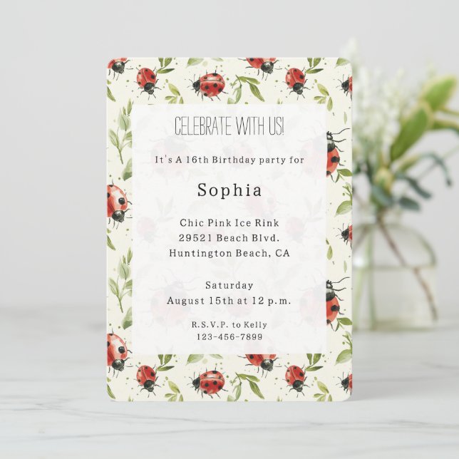 Invitation Joyeux Anniversaire Coccinelles Feuilles Vertes Ro (Debout devant)