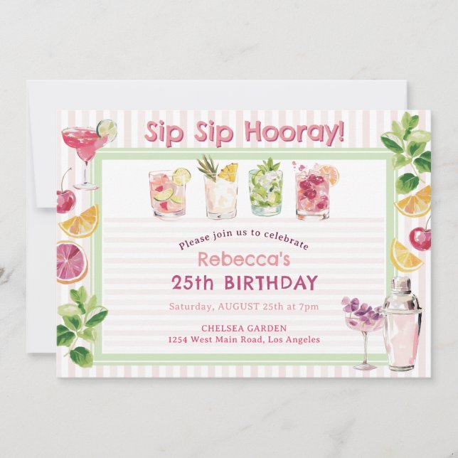 Invitation Joyeux Anniversaire Cocktail d'été Sip Sip Hourra (Devant)