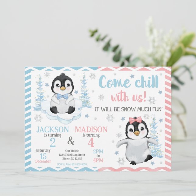 Invitation Joyeux Anniversaire Commun de Pingouins Mignons en (Debout devant)