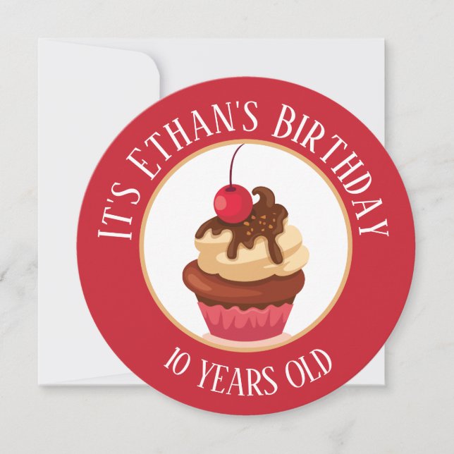 Invitation Joyeux Anniversaire, Cupcake avec Cerise sur le Ce (Devant)