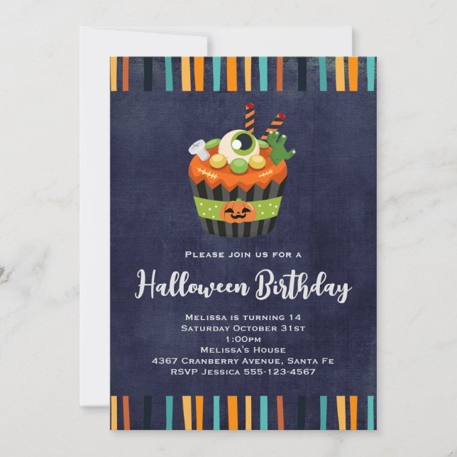 Invitation Joyeux anniversaire cupcake Halloween mignon & cré (Devant)