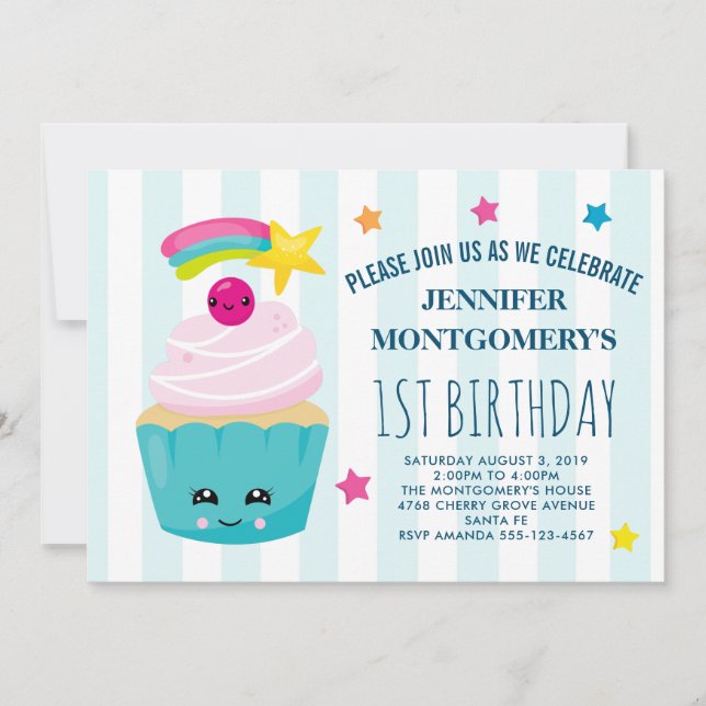Invitation Joyeux Anniversaire Cupcake Mignon avec Visage Kaw (Devant)