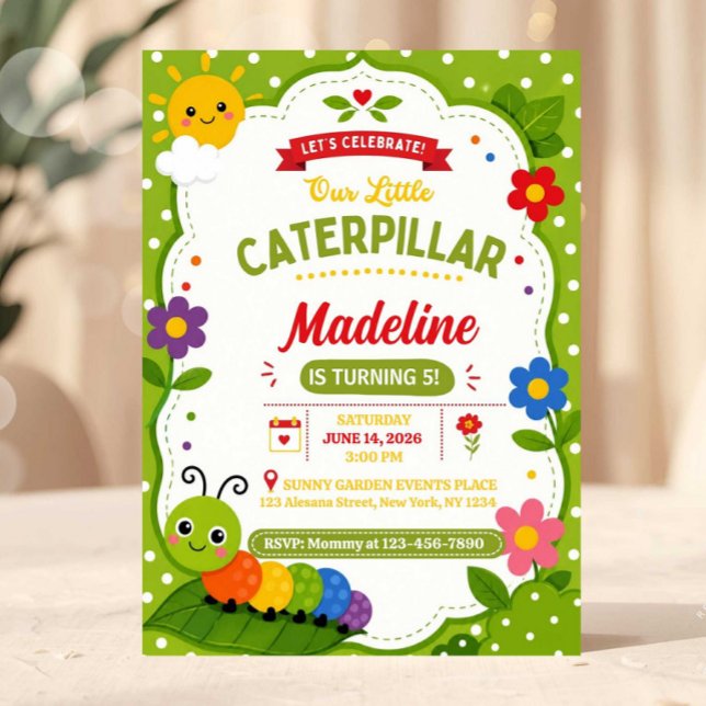 Invitation Joyeux Anniversaire de Chenille de Fête de Jardin  (Caterpillar Birthday Invitation Template, Cute Bug Birthday Party Invite,)