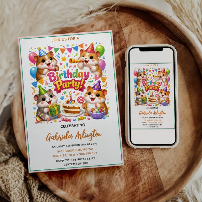 Invitation Joyeux Anniversaire de Hamster Mignon | Hamster po (Cute Hamster Birthday Party | Kids Hamster Invitation
)