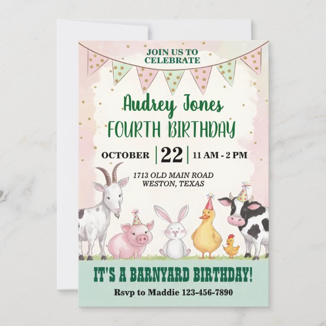 Invitation Joyeux anniversaire de la ferme mignonne (Devant)