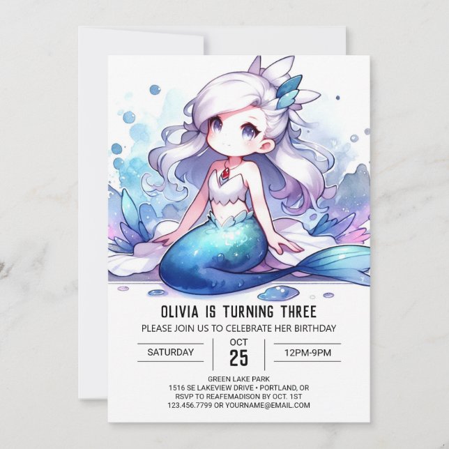 Invitation Joyeux anniversaire de Sirène Océanique (Devant)