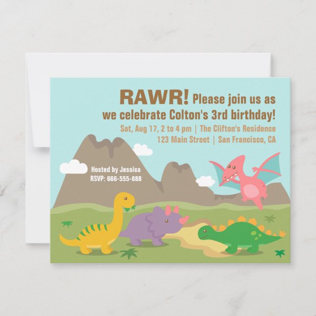 Invitation Joyeux Anniversaire Dinosaure de Couleurs Mignonne (Devant)