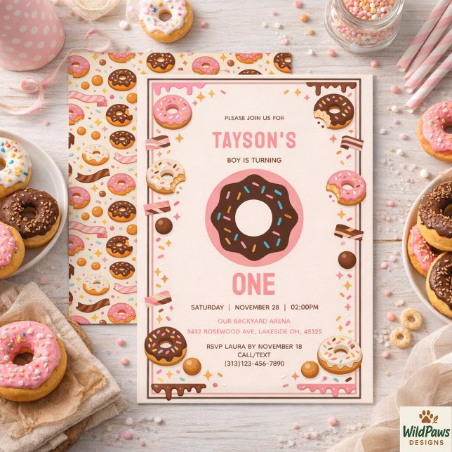 Invitation Joyeux Anniversaire Donut 1er | Mignon Donut  (Sweet One Donut 1st Birthday Party | Cute Donut Invitation
)