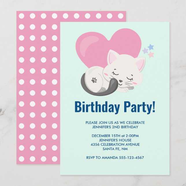 Invitation Joyeux Anniversaire Douce Kitty Chat Dormant avec  (Devant / Derrière)