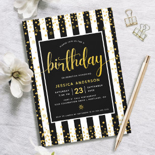Invitation Joyeux anniversaire en or paillettes écriture rayu
