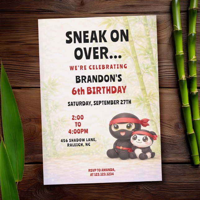 Invitation Joyeux Anniversaire Enfant Ninja & Panda Pastel (Créateur téléchargé)
