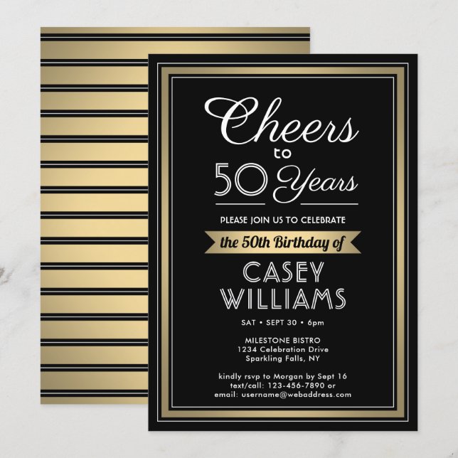 Invitation Joyeux Anniversaire Fête Black, White et Gold (Devant / Derrière)