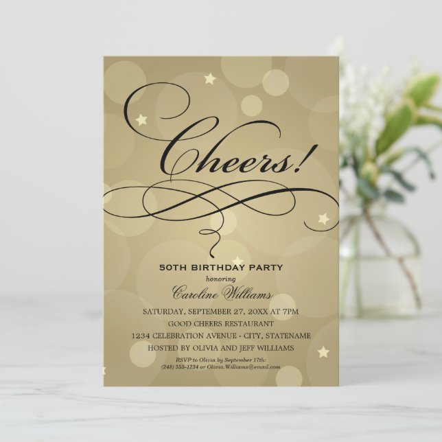Invitation Joyeux Anniversaire Fête Bokeh Or (Debout devant)
