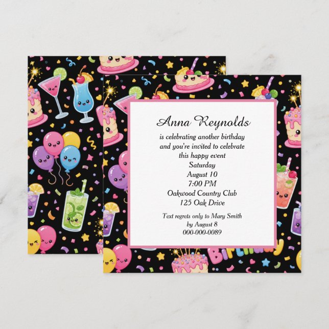 Invitation Joyeux Anniversaire Fête d'Art Kawaii (Devant / Derrière)