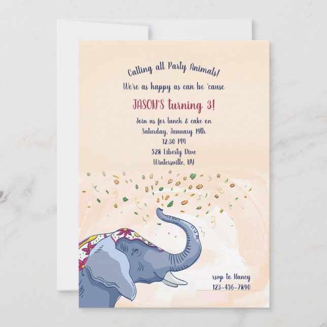 Invitation Joyeux Anniversaire Fête de l'Éléphant (Devant)