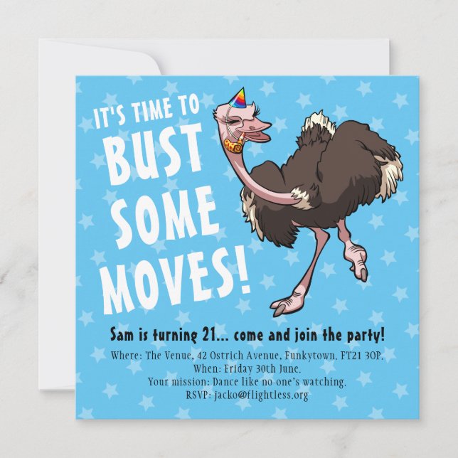 Invitation Joyeux Anniversaire Fête Ostrich Dancing Cartoon (Devant)
