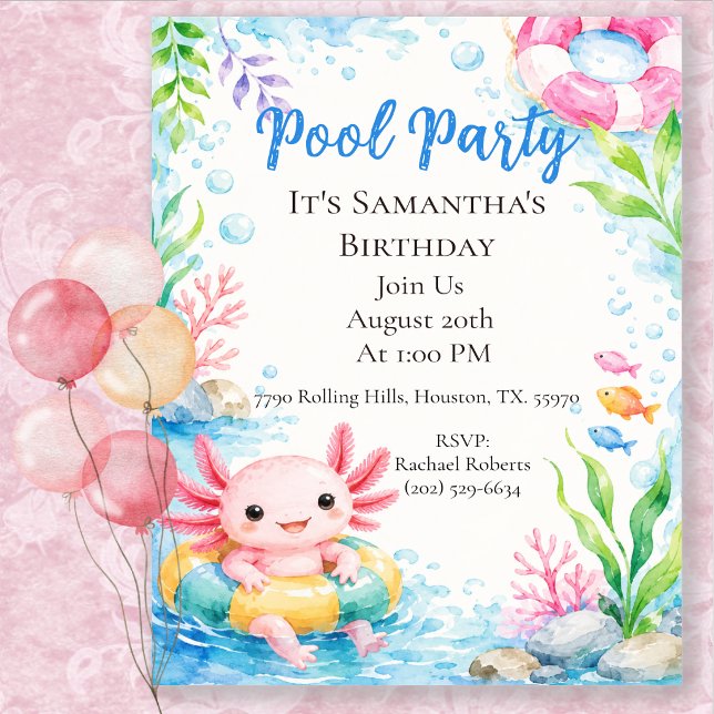 Invitation Joyeux Anniversaire Fête Piscine avec Axolotl Mign (Créateur téléchargé)