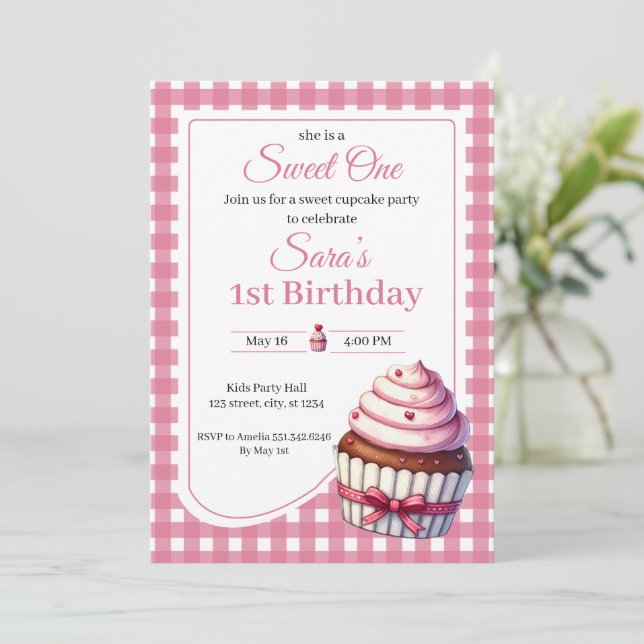 Invitation Joyeux Anniversaire Fille Gâteau Rose 1ère Fête d' (Debout devant)